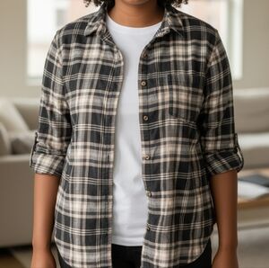 Sonoma Brown & White Plaid Button Down Shirt  Women’s XXL Cozy Grandpa-Core.